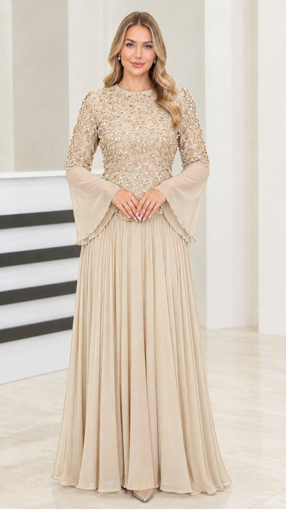 Front view of champagne beige sequin embellished formal bell sleeve maxi gown