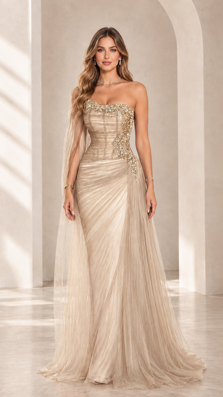 Champagne gold strapless embellished corset evening gown with delicate tulle cape