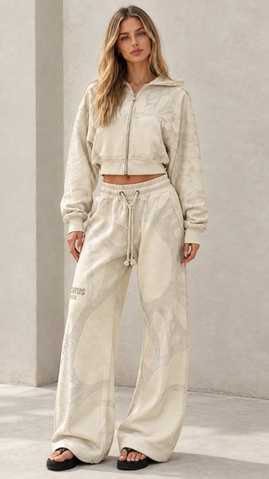 Cream off-white rhinestone embellished cropped hoodie and wide leg tracksuit set