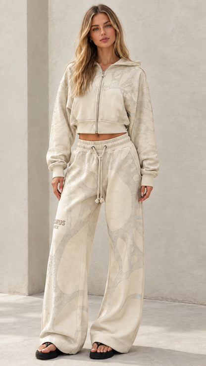 Cream off-white rhinestone embellished cropped hoodie and wide leg tracksuit set