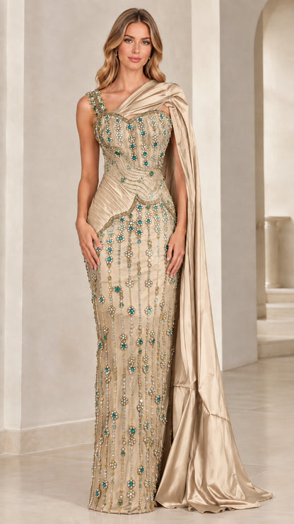 Champagne gold beaded formal dress with elegant one-shoulder satin drape