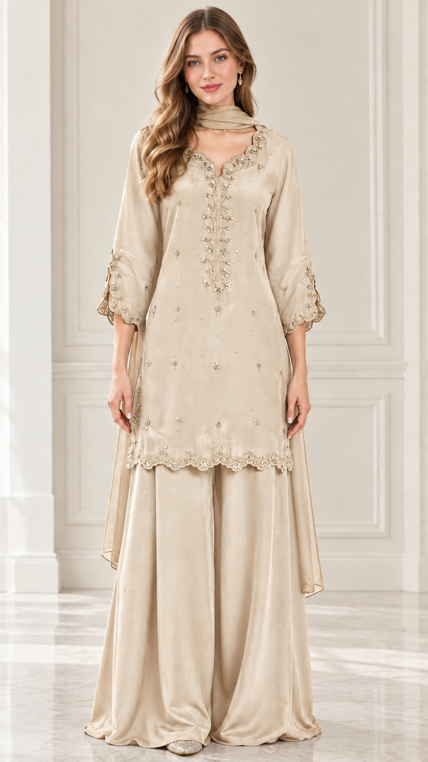 Full-length front view of champagne beige embroidered kurti and wide-leg trousers suit set
