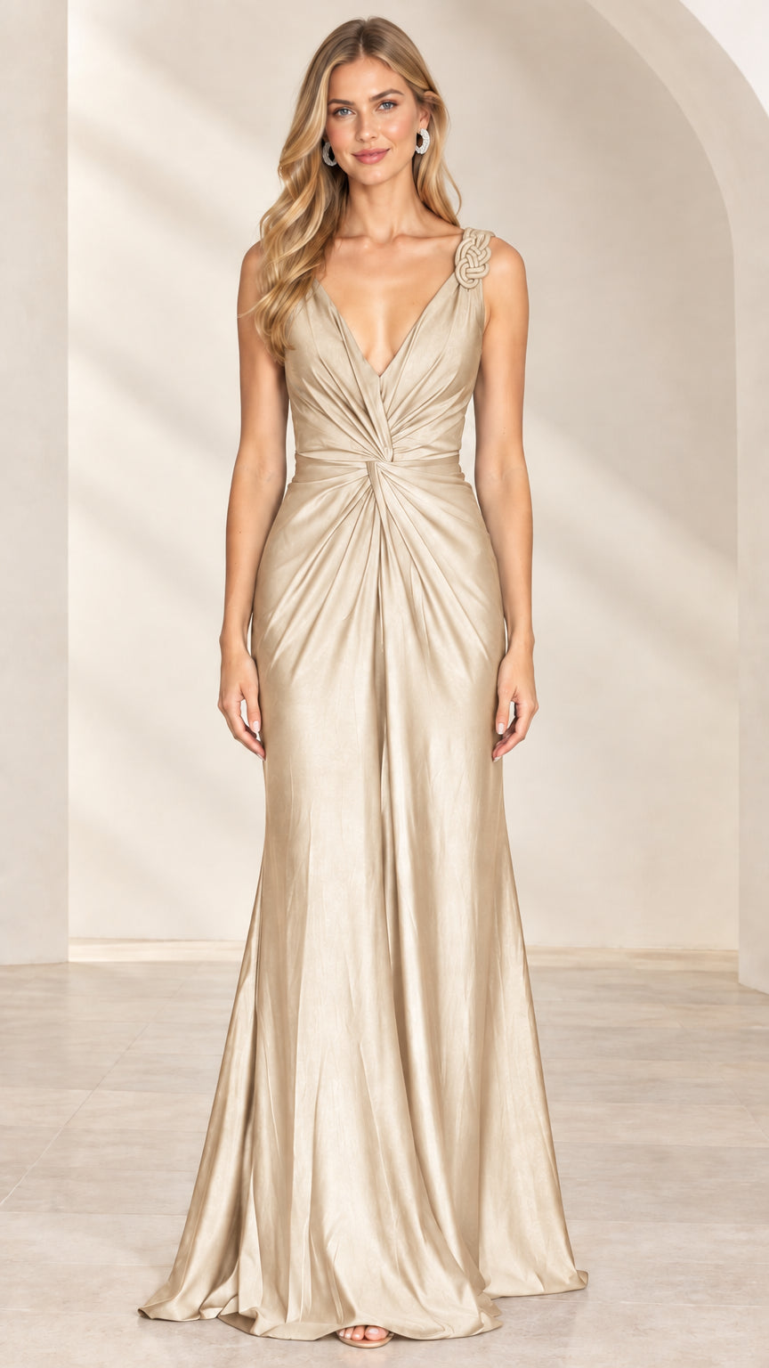 Model wearing Champagne gold sleeveless ruched satin maxi gown