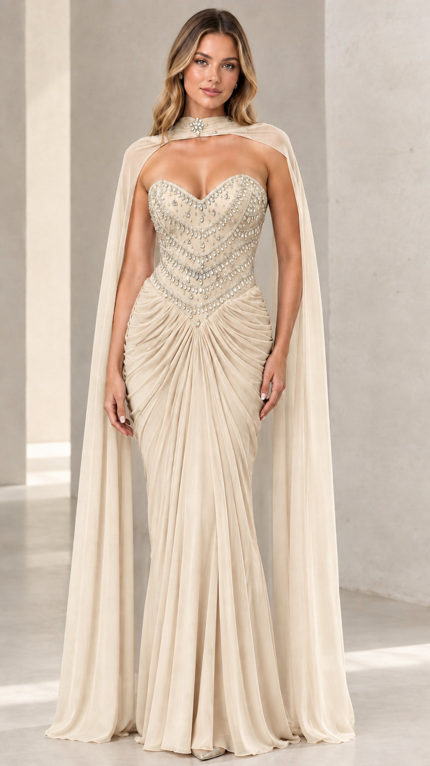 Champagne beaded corset formal evening dress with matching cape