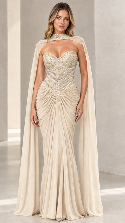 Champagne beaded corset formal evening dress with matching cape