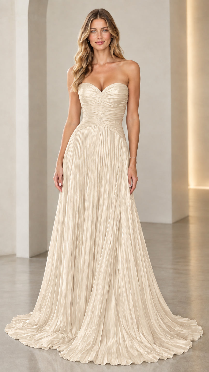 Model wearing champagne gold strapless sweetheart pleated formal gown