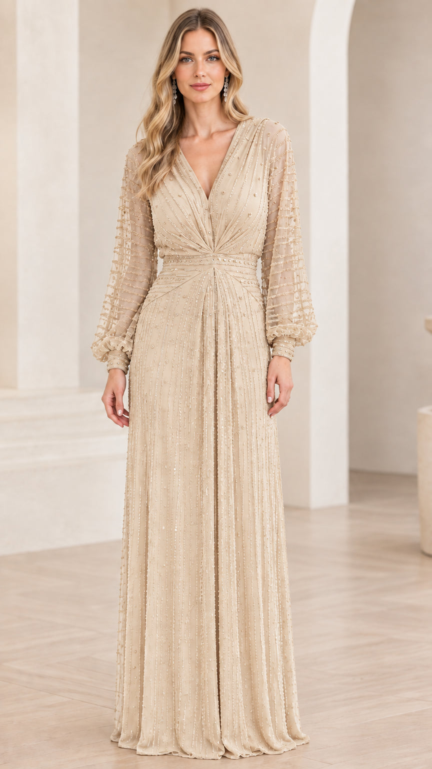 Front view of champagne beige pleated formal maxi gown